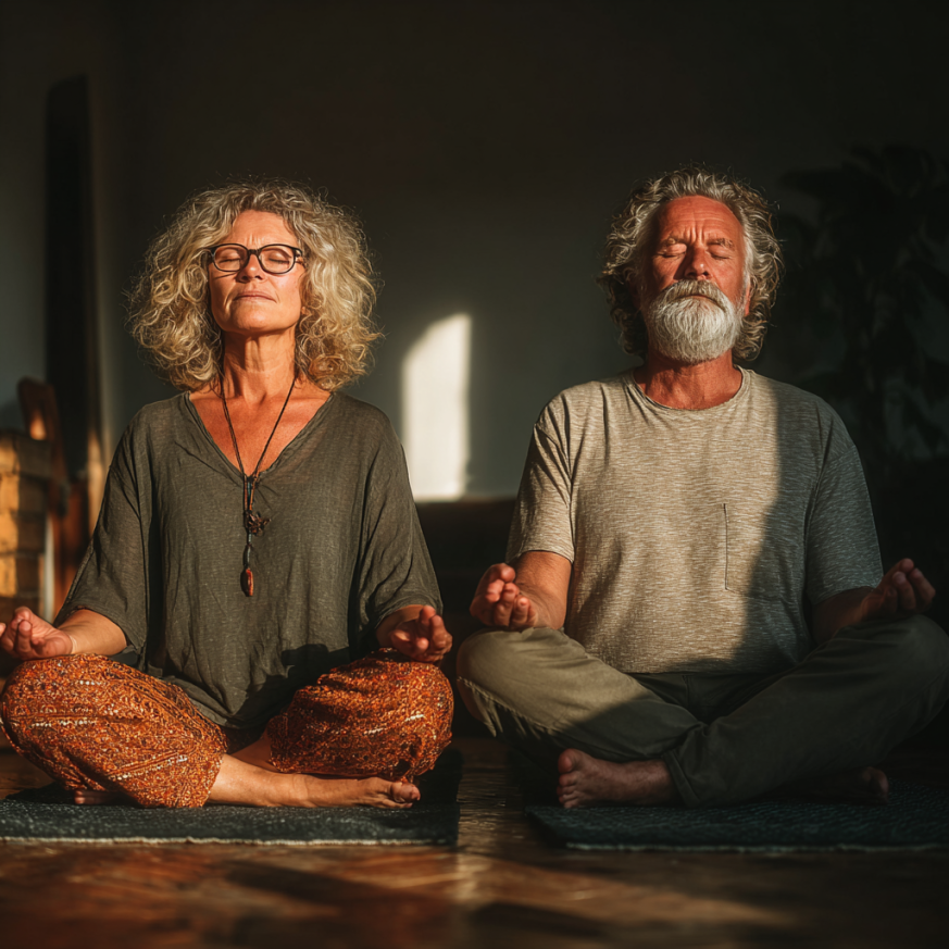 Adultos mayores practicando yoga en un ambiente sereno
